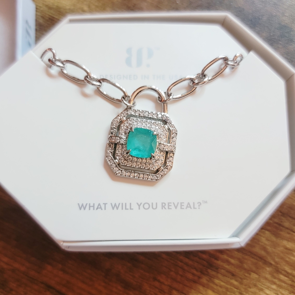 Silver Chain Necklace with Teal Gemstone Padlock Pendant
